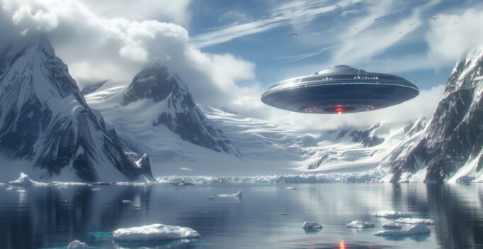 An alien ship hovers over a vast body of water in a cinematic, photorealistic scene resembling Antarctica.