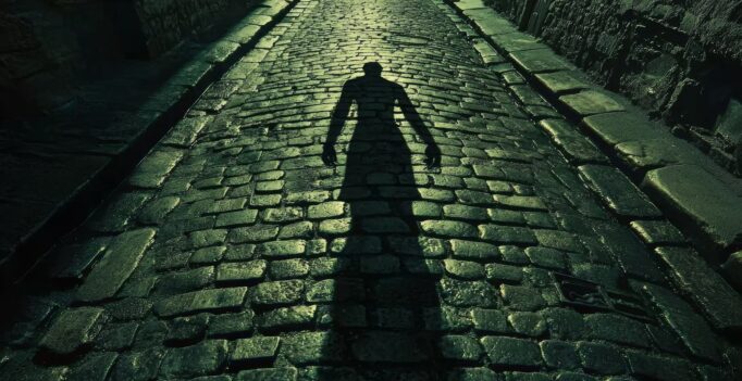 vampire shadow stretches across a cobblestone street. image explore the allure of immortality and the darkness of the soul