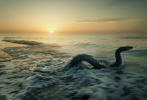 A sea serpent emerging from the ocean at dawn